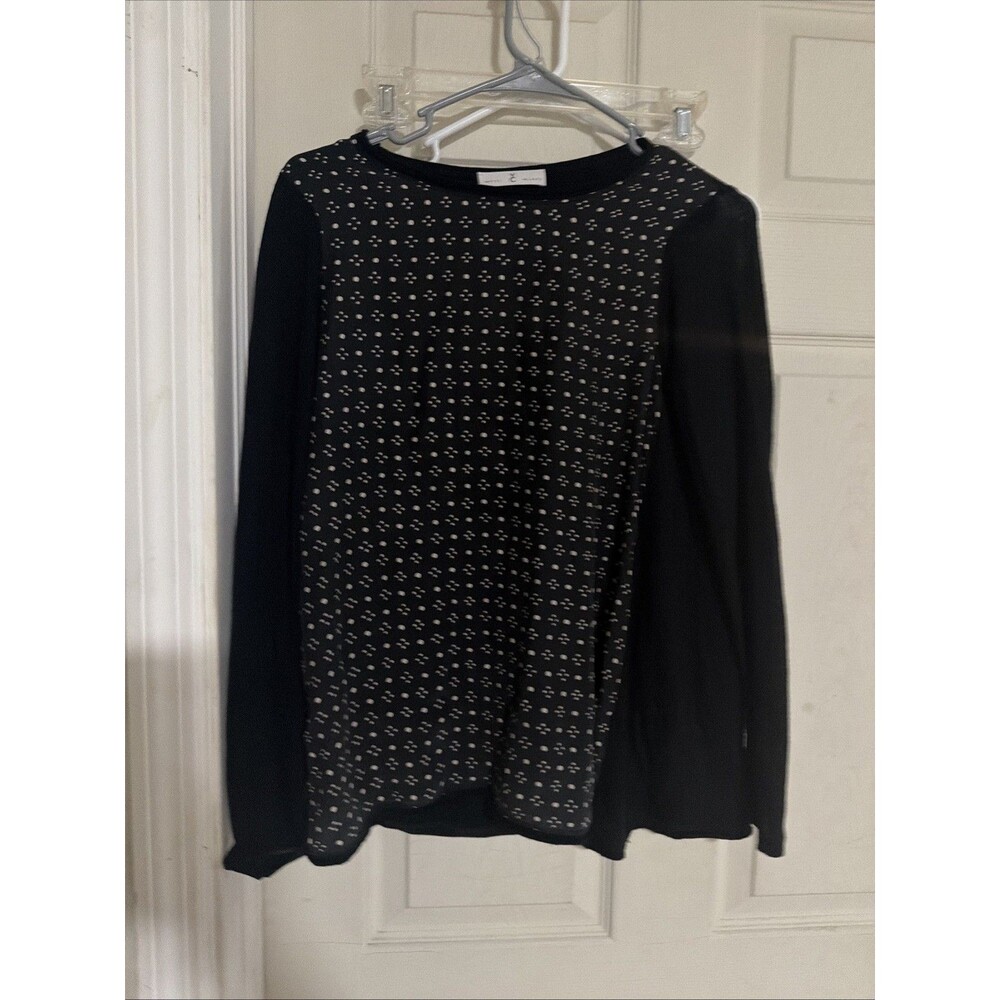 Whyci Milano YC Blouse Womens 4O Geometric  Silk Wool Blend Long Sleeve Black